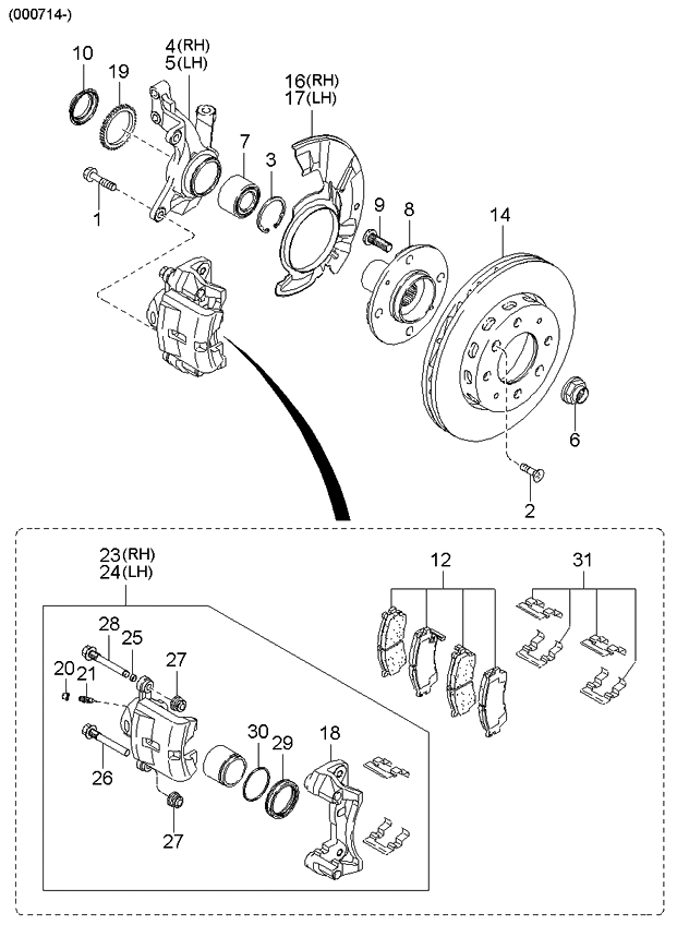 Kia 0K24049980 Front Caliper, Right Without Pad