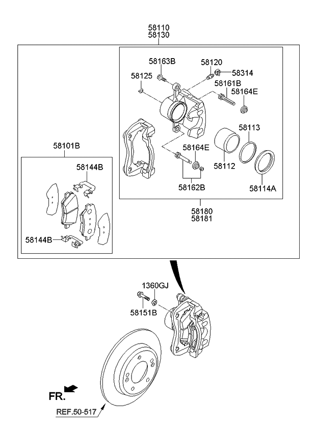 Kia 58190A7A20 Front Brake Caliper Kit, Right