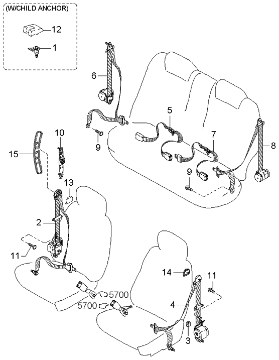 Kia 0K2DJ5778096 Rear Center Seat Belt Assembly Left