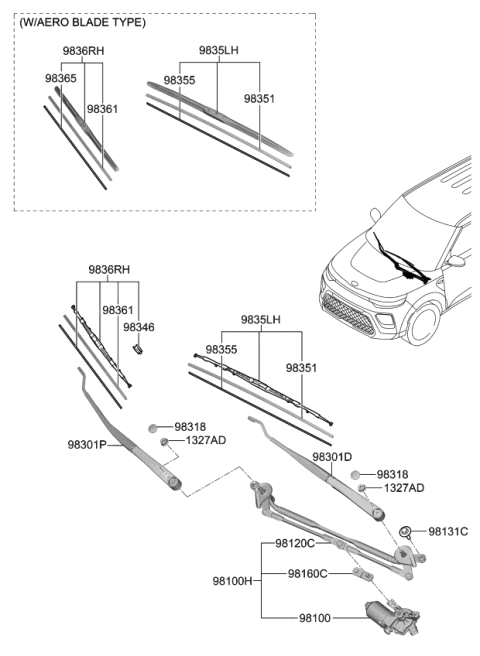 2021 Kia Soul Driver Windshield Wiper Blade Assembly Diagram for 98350K0010