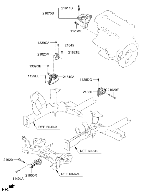 2020 Kia Soul Roll Rod Bracket Assembly Diagram for 21950K0100