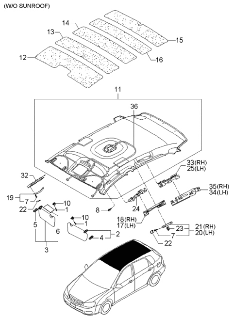 2005 Kia Spectra Sunvisor & Head Lining Diagram 1