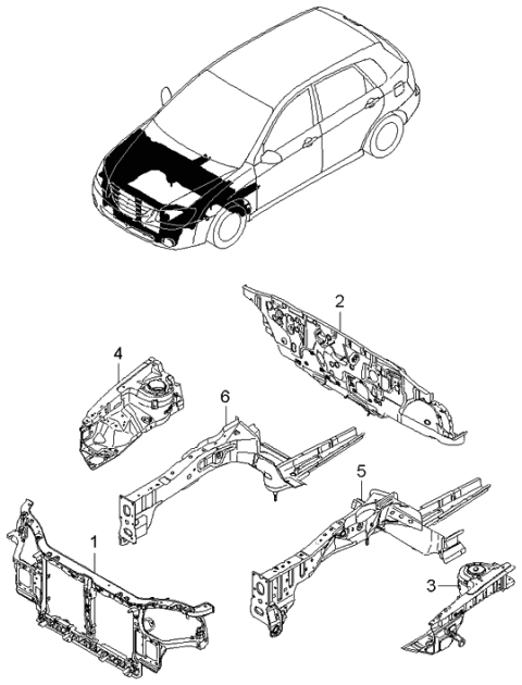 2005 Kia Spectra Fender Apron & Radiator Support Panel Diagram