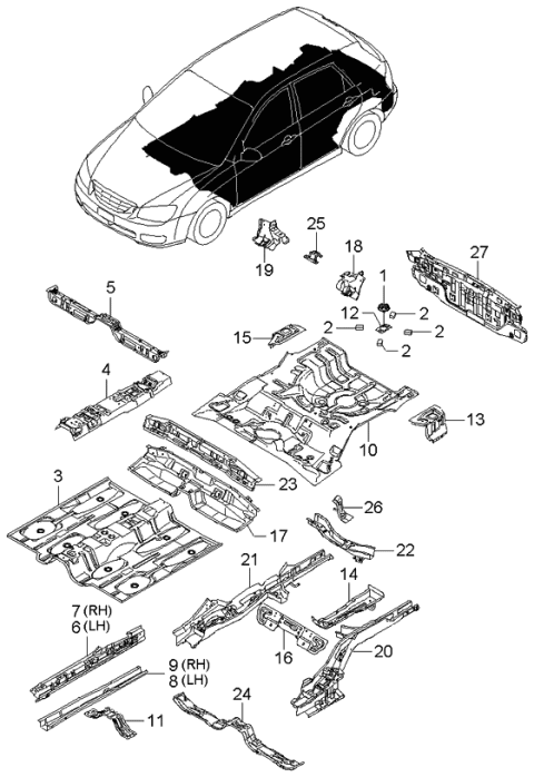 2005 Kia Spectra Member Assembly-Rear Floor Diagram for 657102F210