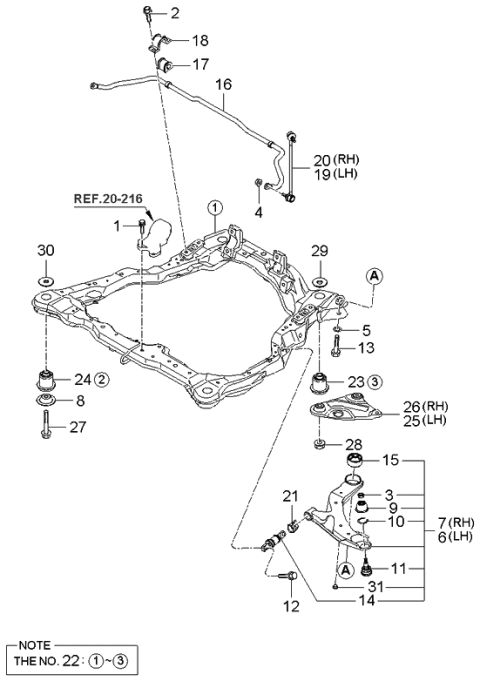 2004 Kia Spectra Crossmember-Front Suspension Diagram