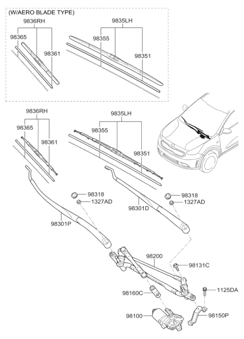 2017 Kia Niro Passeger Windshield Wiper Blade Assembly Diagram for 983601W050