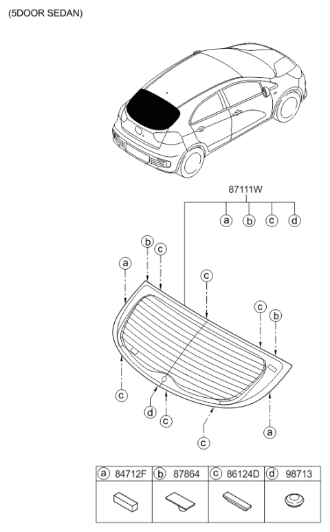 2016 Kia Rio Rear Window Glass & Moulding Diagram 1