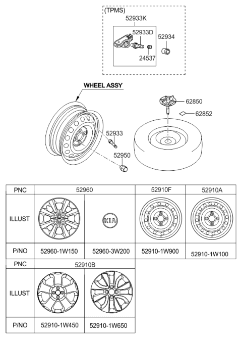 2016 Kia Rio Wheel & Cap Diagram