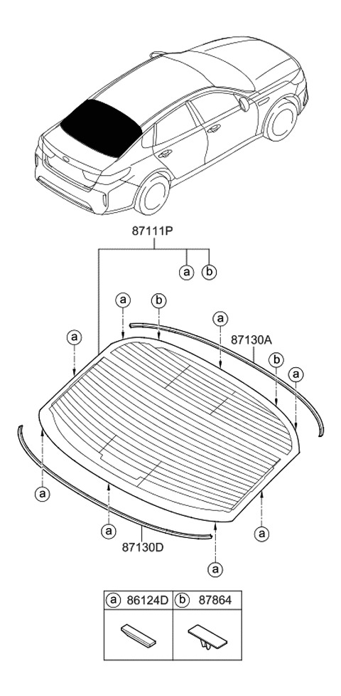 2020 Kia Optima Hybrid Rear Window Glass & Moulding Diagram