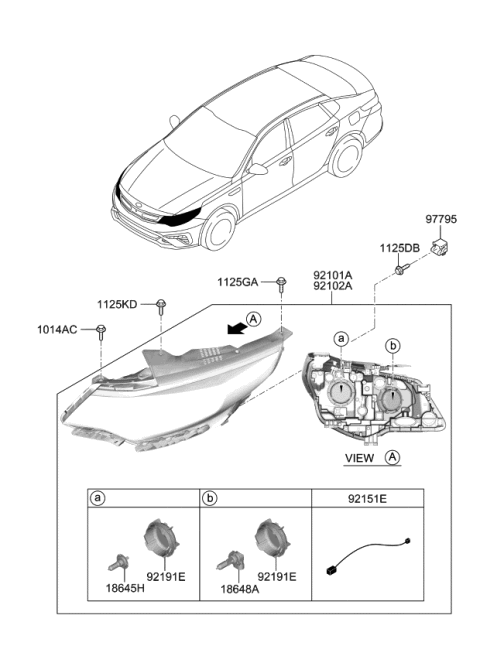 2019 Kia Optima Hybrid Passenger Side Headlight Assembly Diagram for 92102A8570