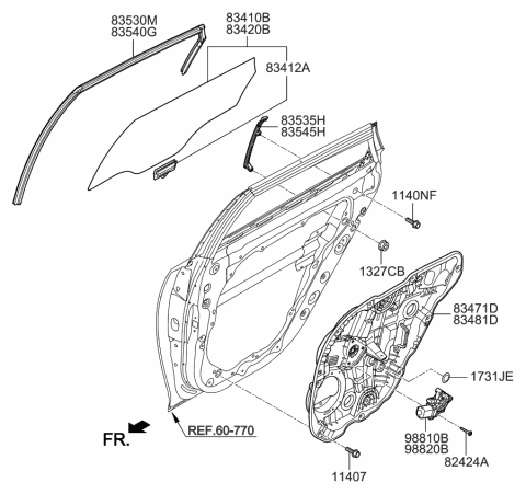 2020 Kia Optima Hybrid Rear Door Window Regulator & Glass Diagram