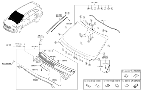 2020 Kia Sorento Windshield Glass Diagram