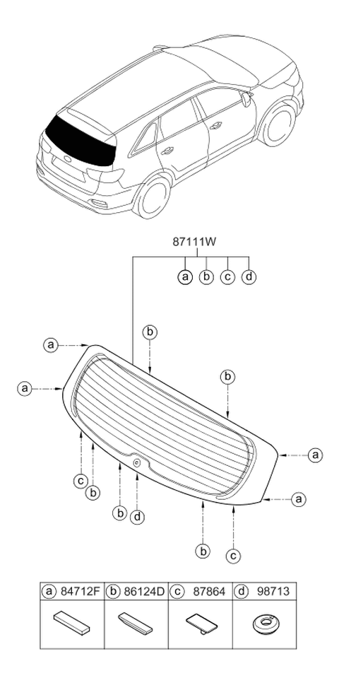 2020 Kia Sorento Rear Window Glass & Moulding Diagram