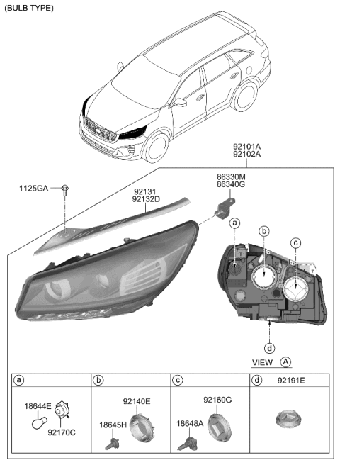 2019 Kia Sorento Passenger Side Headlight Assembly Diagram for 92102C6500