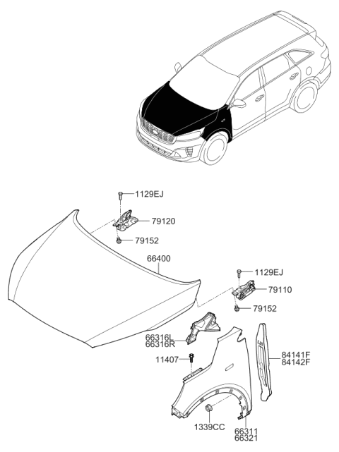 2019 Kia Sorento Fender & Hood Panel Diagram