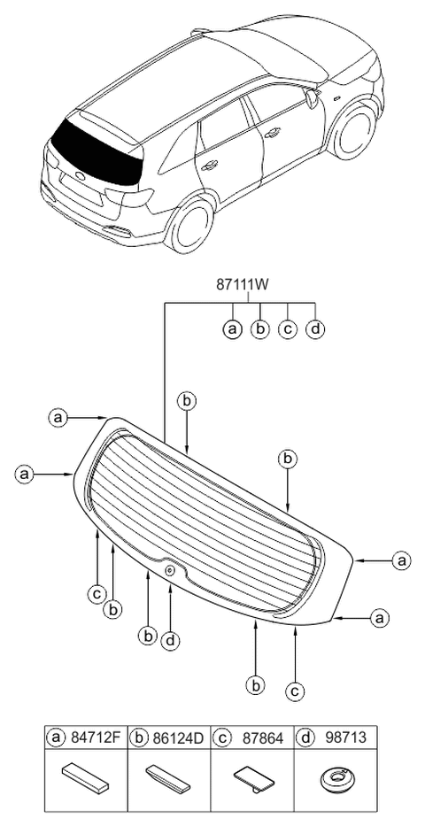 2017 Kia Sorento Rear Window Glass & Moulding Diagram