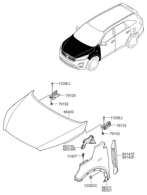 Right Side Hood Hinge For 2016-2020 Kia Sorento - Passenger Side, Part #79120C6000, Direct Fit Replacement