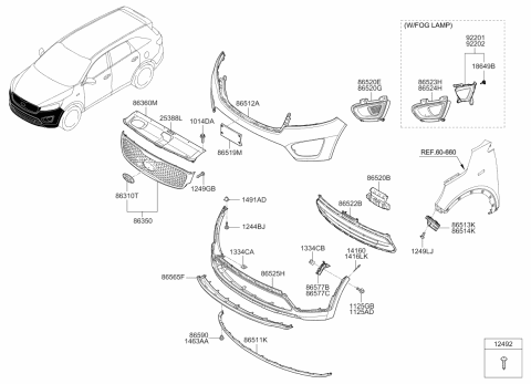 2015 Kia Sorento Front Bumper Upper Cover Diagram for 86511C6000