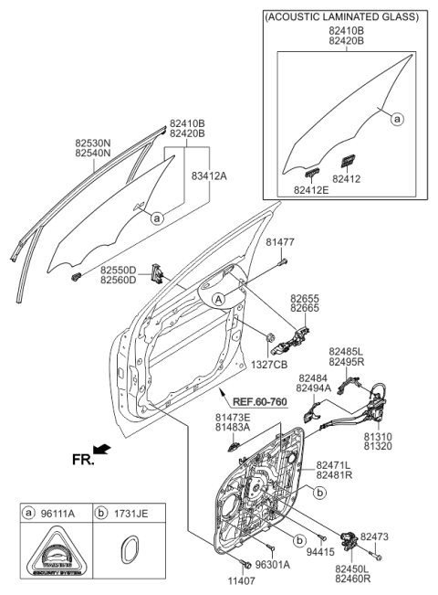 2016 Kia Sorento Front Door Window Regulator & Glass Diagram