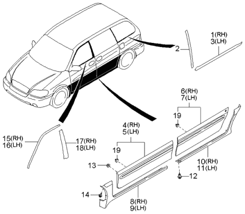 2003 Kia Sedona GARNISH Assembly-Front , LH Diagram for 0K56B50CD5EXX