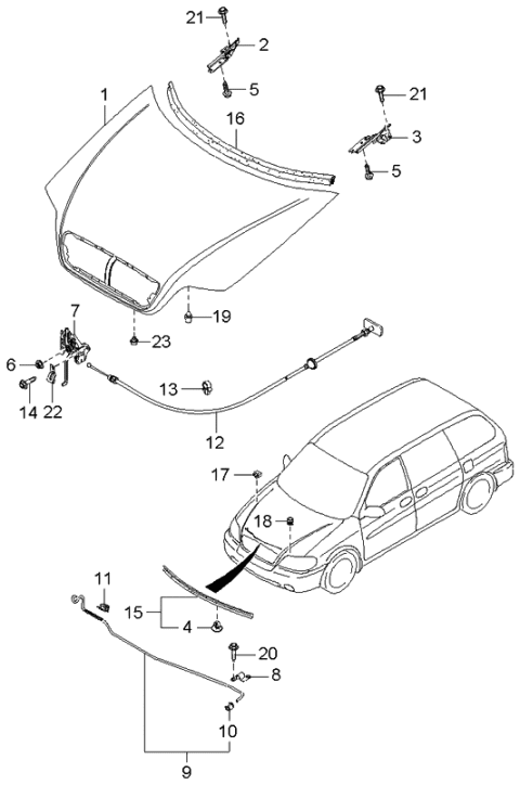 2001 Kia Sedona Hinge Assembly-BONNET,R Diagram for 0K53A52410