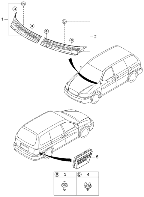 2005 Kia Sedona Grille Assembly-COWL, LH Diagram for 0K55250740E