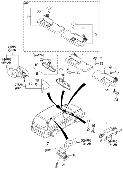 2001 Kia Sedona Sunvisor & Assist Handle & Mirror Diagram