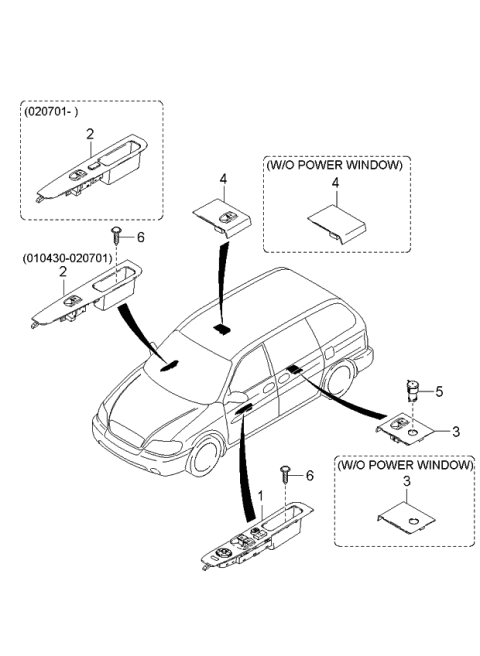 2001 Kia Sedona Quarter Glass Panel Switch, Left Diagram for 0K53A66370A44