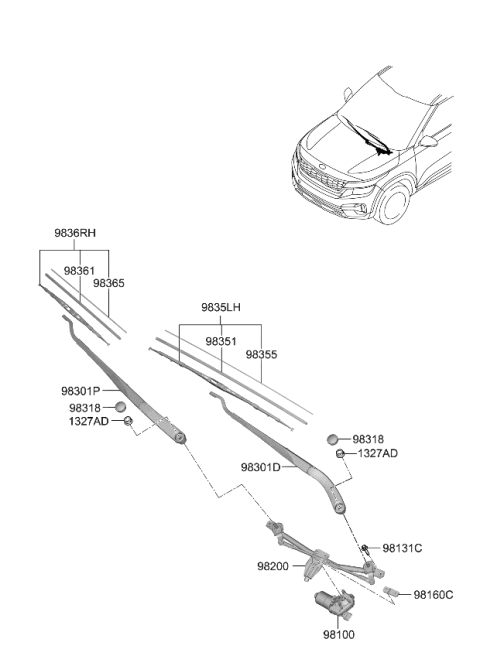 2024 Kia Seltos Driver Windshield Wiper Blade Assembly Diagram for 98350J1000