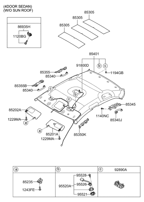 2010 Kia Forte Sunvisor & Head Lining Diagram 1