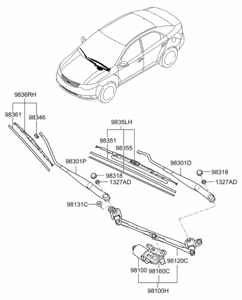 2010 Kia Forte Koup Windshield Wiper Arm Assembly Passenger Diagram for 983201M000