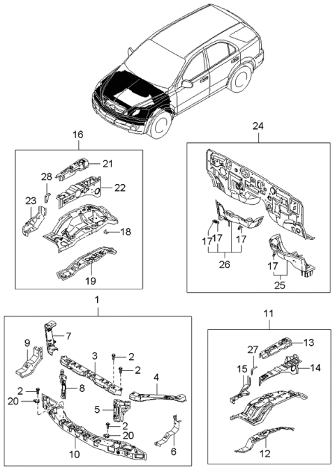 2003 Kia Sorento Fender Apron & Radiator Support Panel Diagram