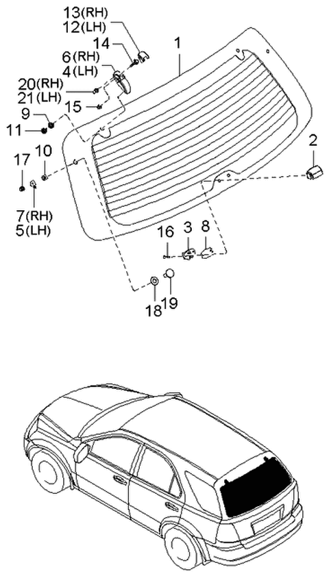 2003 Kia Sorento Rear Window Glass & Moulding Diagram