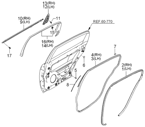 2006 Kia Amanti Rear Door Body Side Weatherstrip Right Hand Diagram for 831203F00029