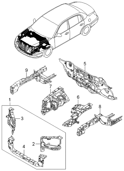 2006 Kia Amanti New Body Style (Produced Before OCT.2006) Fender Apron & Radiator Support Panel Diagram