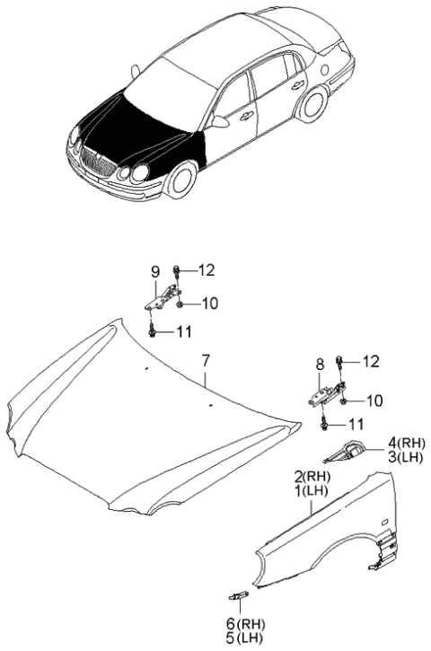 2006 Kia Amanti New Body Style (Produced Before OCT.2006) Fender & Hood Panel Diagram