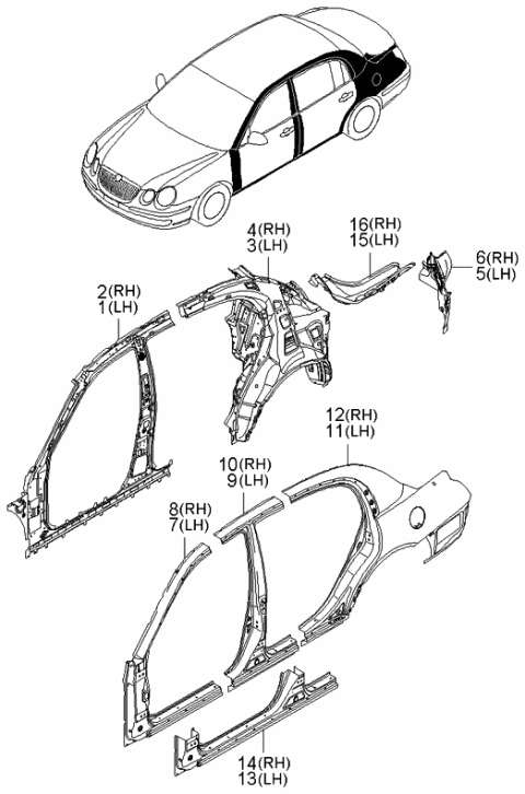 2006 Kia Amanti New Body Style (Produced Before OCT.2006) Side Body Panel Diagram