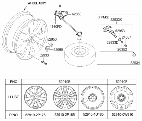 2011 Kia Sorento Wheel & Cap Diagram