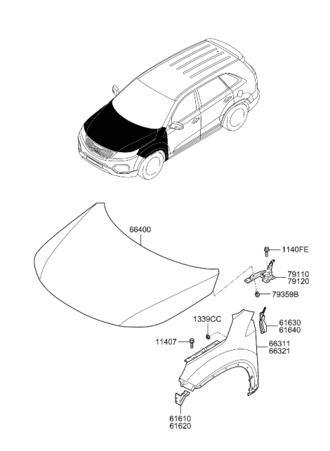 2009 Kia Sorento Fender & Hood Panel Diagram