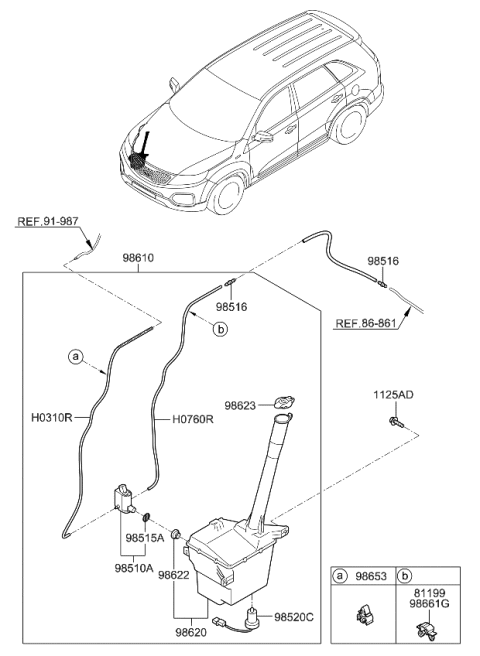 2009 Kia Sorento Washer Reservoir & Pump Assembly Diagram for 986102P010