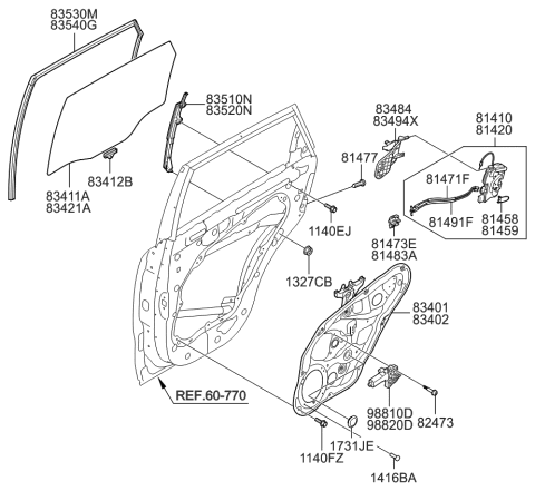 2009 Kia Sorento Rear Door Window Regulator & Glass Diagram