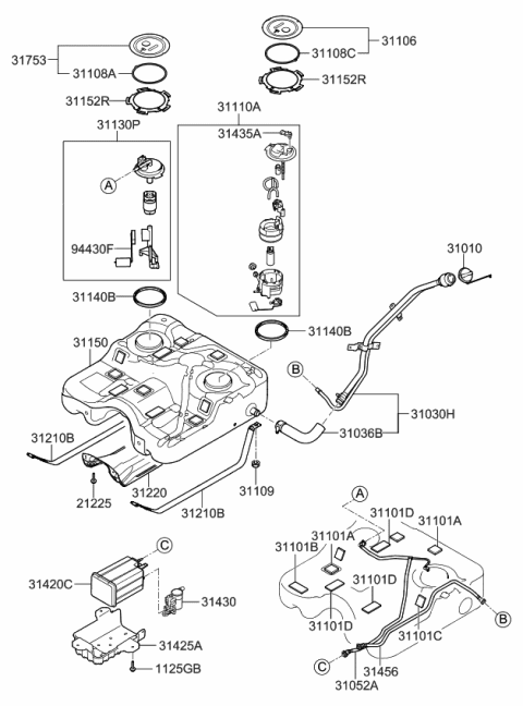 2011 Kia Sorento Filler Neck & Hose Assembly Diagram for 310301U000