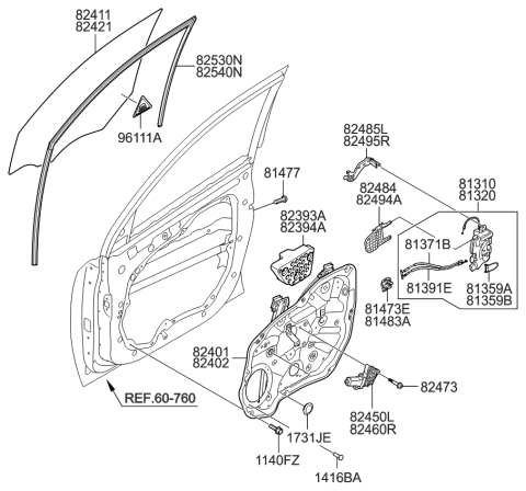 2012 Kia Sorento Front Door Window Regulator & Glass Diagram