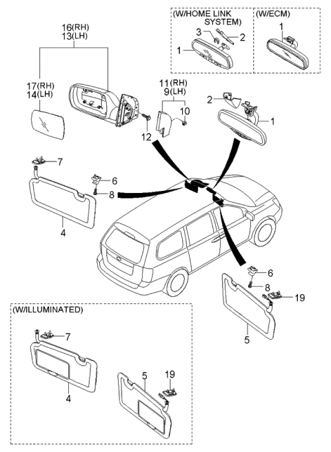 2006 Kia Sedona Outside Rear View Mirror & Holder Assembly, Left Diagram for 876114D001