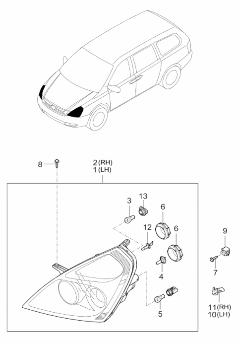 2006 Kia Sedona Passenger Side Headlight Assembly Diagram for 921024D010
