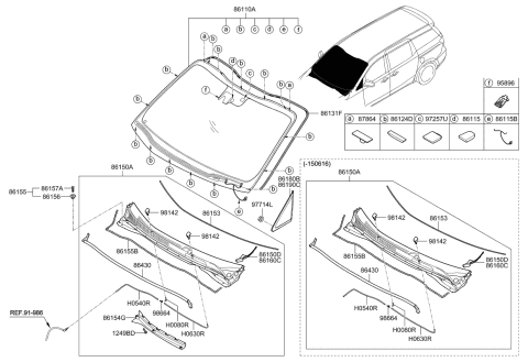 2016 Kia Sedona Windshield Glass Assembly Diagram for 86110A9480