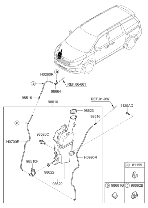 2016 Kia Sedona Windshield Washer Reservoir Assembly Diagram for 98620A9510
