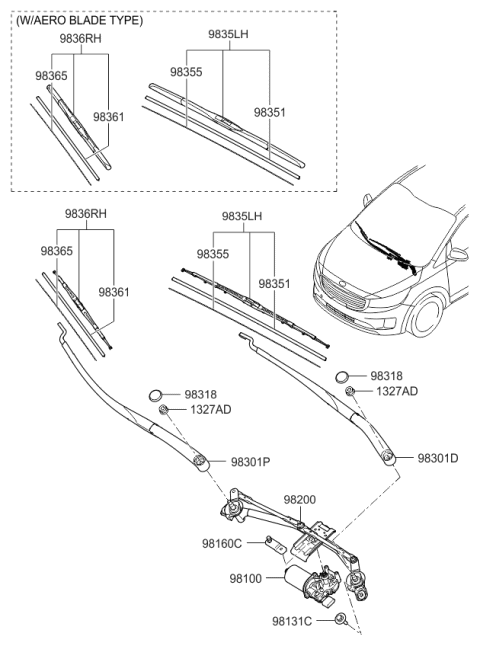 2018 Kia Sedona Passeger Windshield Wiper Blade Assembly Diagram for 98360A9500
