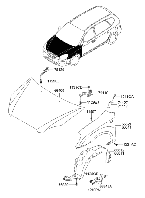 2009 Kia Rondo Fender & Hood Panel & Wheel Guard-Front Diagram