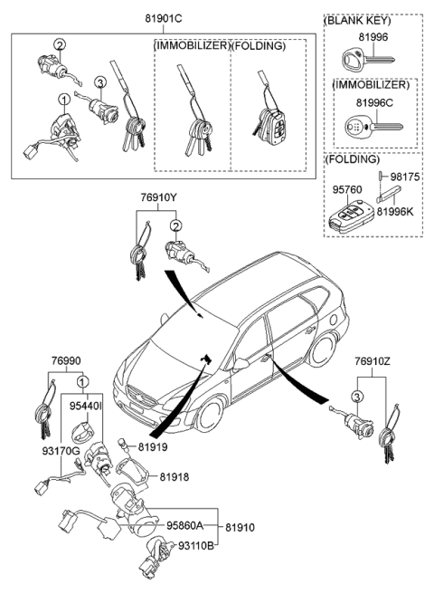 2006 Kia Rondo Steering Key Sub Set Diagram for 819001DE01